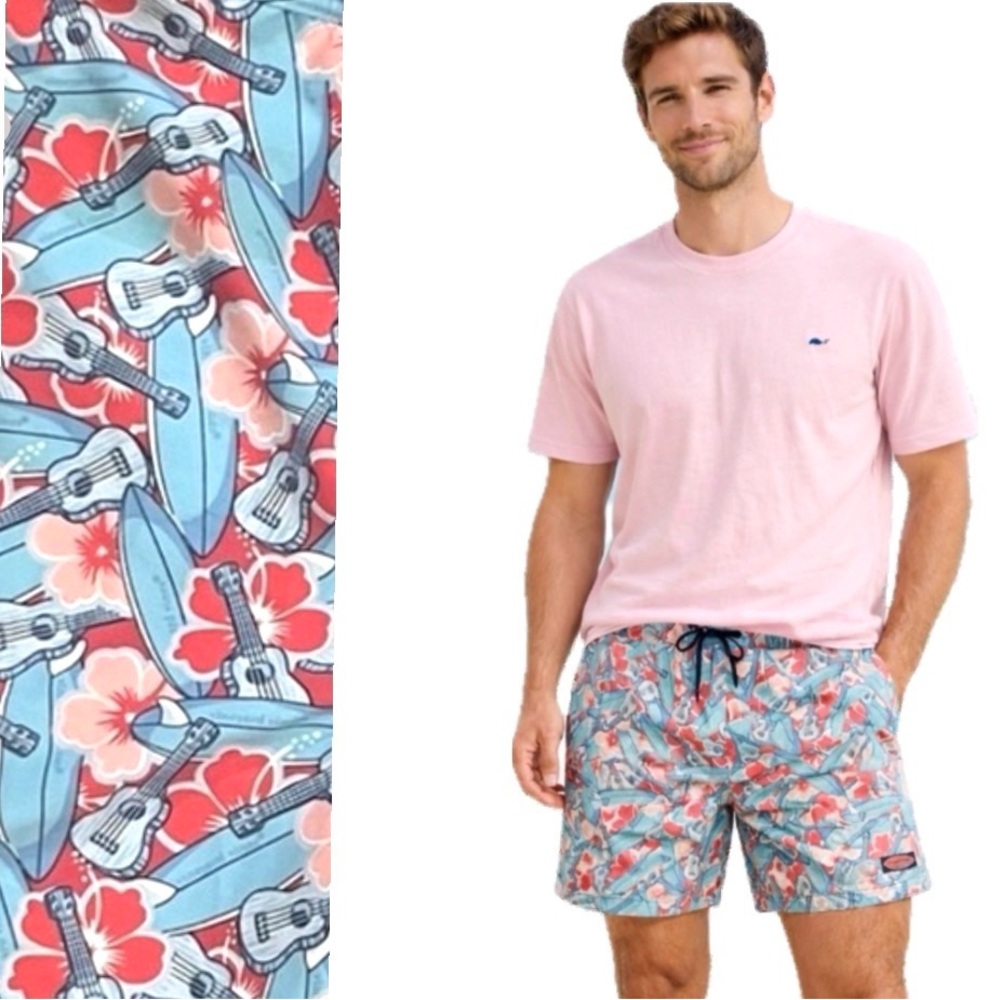 Vineyard Vines, Surfboard & Guitar Swim Trunks Blue Red Drawstring Size, xl